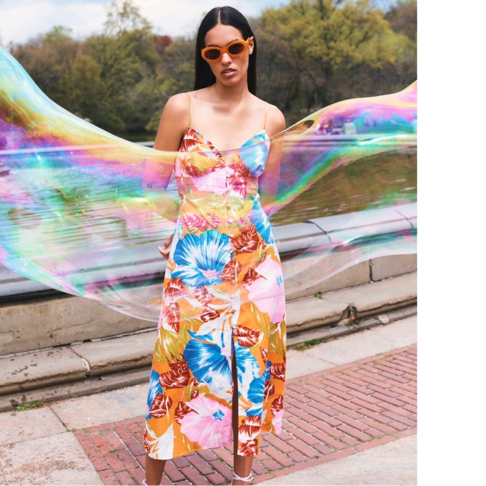 Zara Tropical Print MIDI Dress Size Medium